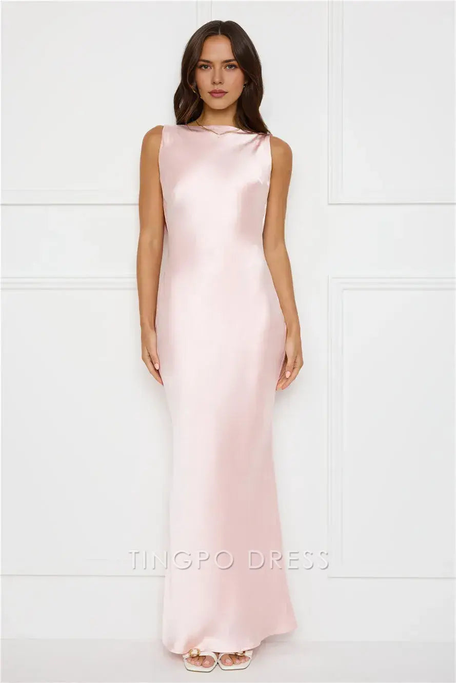 Elegant Sheath/Column Boat Neck Sleeveless Cowl Back Maxi Dress Prom Dress